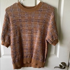 Brown and White Knit Short Sleeve Sweater